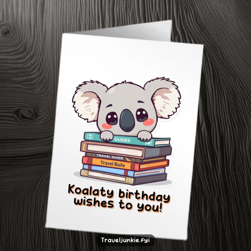 Funny Free Printable Koala Birthday Card: Curious koala peeking from travel guides, perfect for birthday wishes.