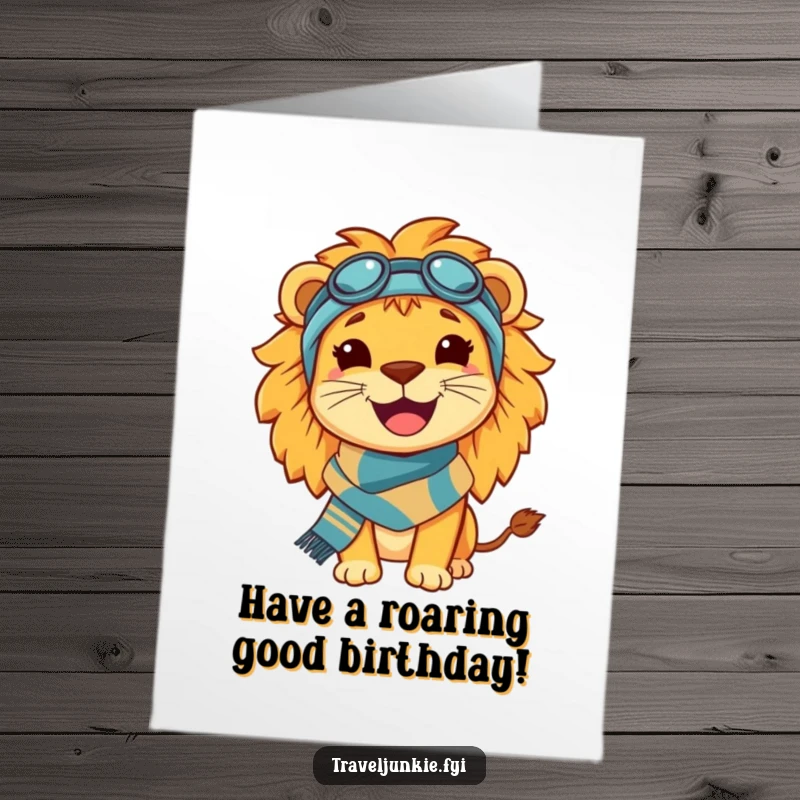 Funny Free Printable Birthday Card featuring a beaming lion in a travel scarf, smiling widely and ready for adventure.