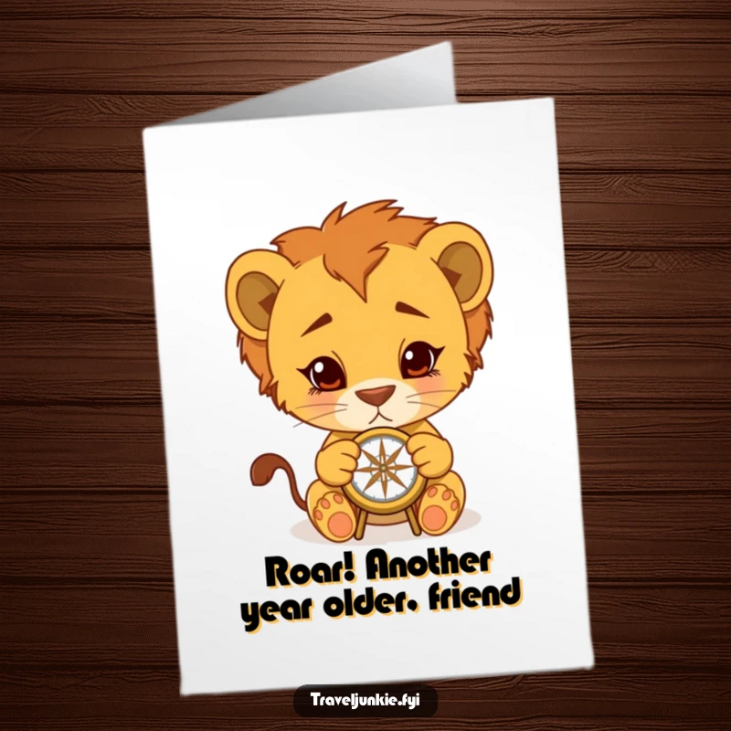 Funny Free Printable Birthday Card: Lion cub examines a compass with a look of intense determination. Embark on a birthday adventure.