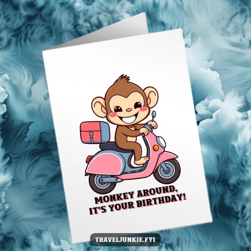 Funny Free Printable Birthday Card: Beaming monkey riding suitcase like scooter, excited for birthday, downloadable art.