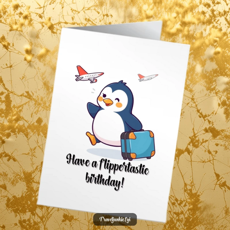 Funny Free Printable Penguin Birthday Card: Happy penguin with suitcase heading to a plane, perfect for birthday wishes.