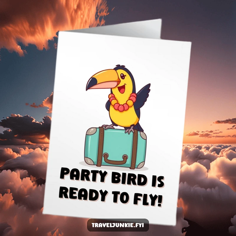 Funny Free Printable Birthday Card: Joyful toucan with lei balancing on suitcase, ready for a tropical celebration, print at home.