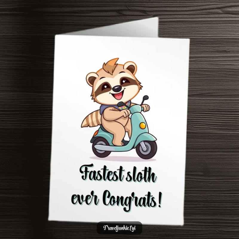 Funny Free Printable Birthday Card: Energetic sloth zipping by on a scooter with a huge smile, ready to deliver birthday cheer. A hilarious downloadable card.