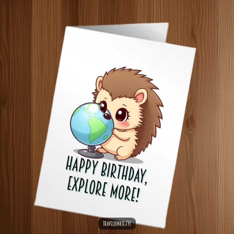 Funny Free Printable Birthday Card: Curious hedgehog with wide eyes examining a globe, ready for birthday adventures.