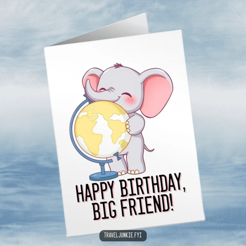 Funny Free Printable Elephant Birthday Card, a cheerful elephant stands by a world globe, celebrating a big day, perfect for a downloadable gift.