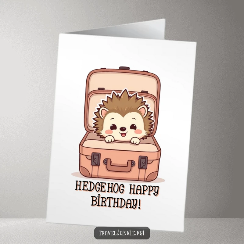 Funny Free Printable Birthday Card showing a cheerful hedgehog peeking into a large, open suitcase with a surprised expression.