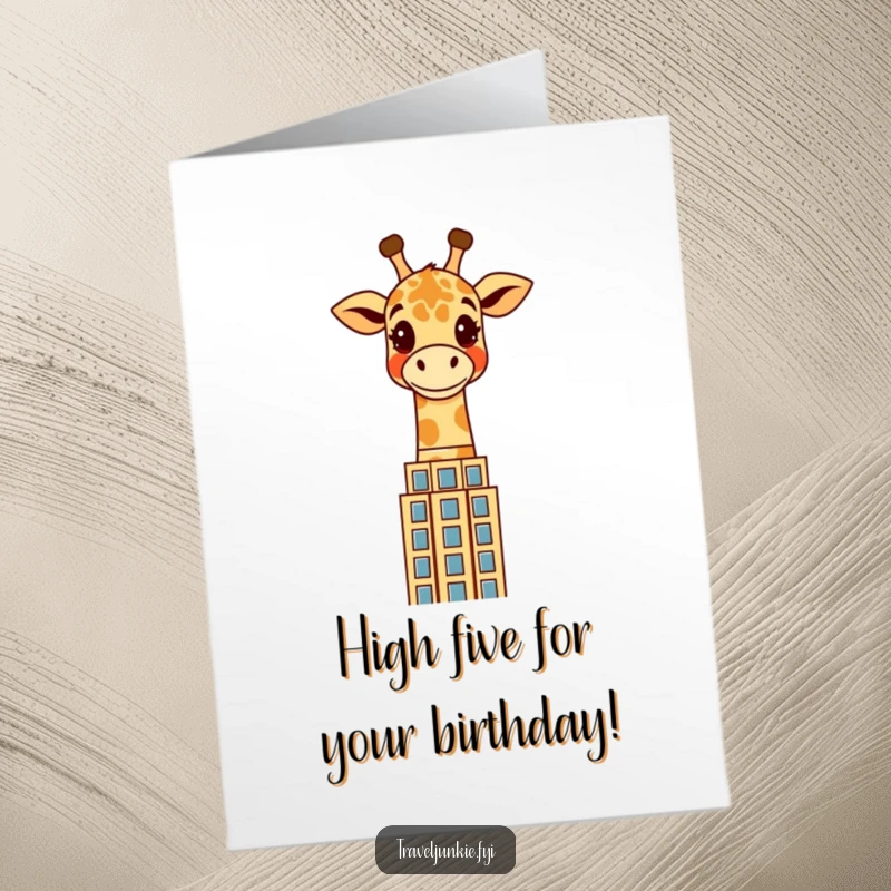 Funny Free Printable Birthday Card: Tall giraffe with a cheerful expression peering over a stylized city skyline.