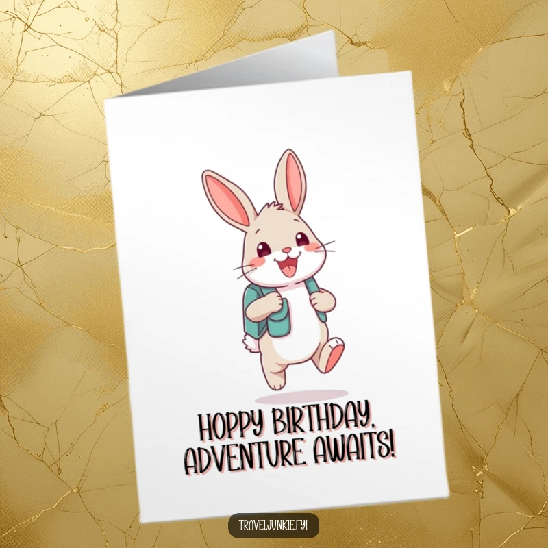 Funny Free Printable Birthday Card: Excited bunny with a tiny backpack and wide grin, ready for birthday adventures.