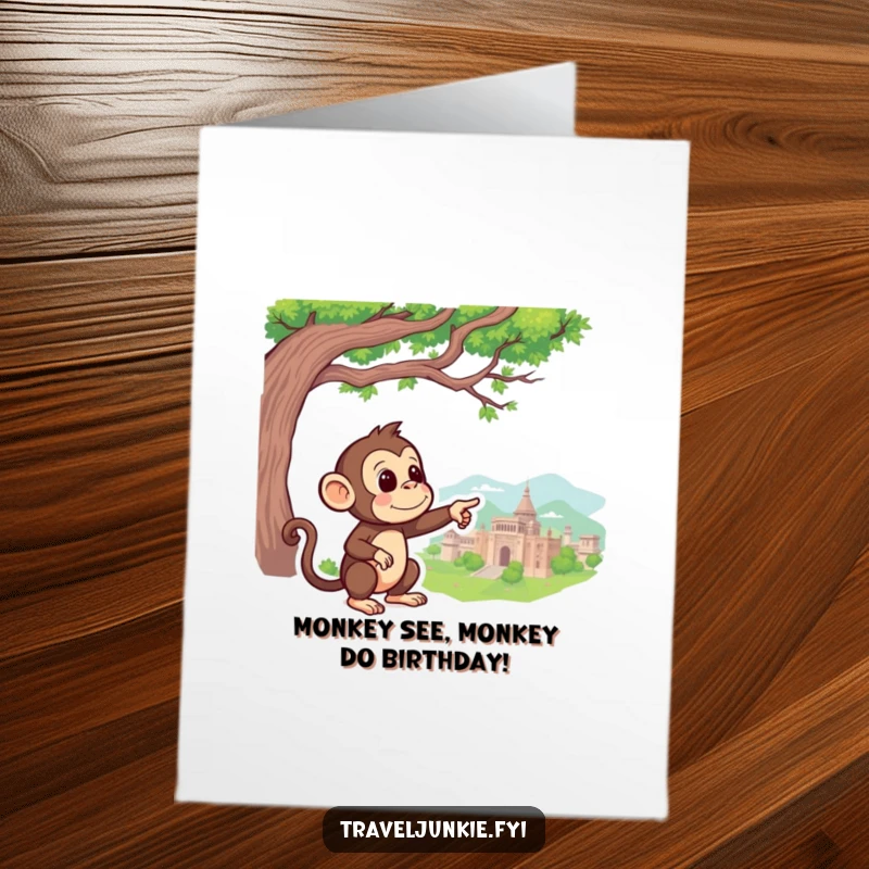 Funny Free Printable Birthday Card: Curious monkey pointing excitedly at a distant, intriguing landmark.