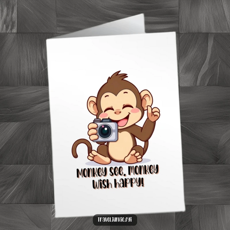 Funny Free Printable Monkey Birthday Card, a giggling monkey takes a hilarious selfie with a camera, perfect for a downloadable greeting.