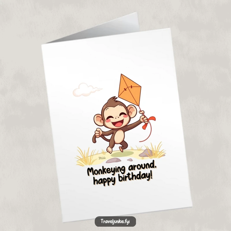 Funny Free Printable Birthday Card: Giggling monkey comically attempting to fly a kite on a windy day, full of birthday chaos.