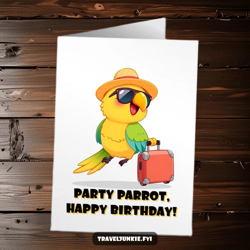 Funny free printable birthday card: a happy parrot in a straw hat and sunglasses zooms with a suitcase.