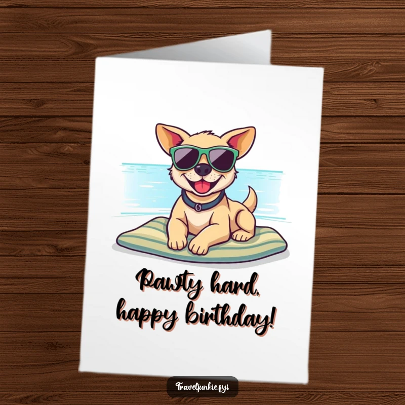 Funny Free Printable Birthday Card: Smiling dog in sunglasses relaxing on a beach, wishing happy birthday.