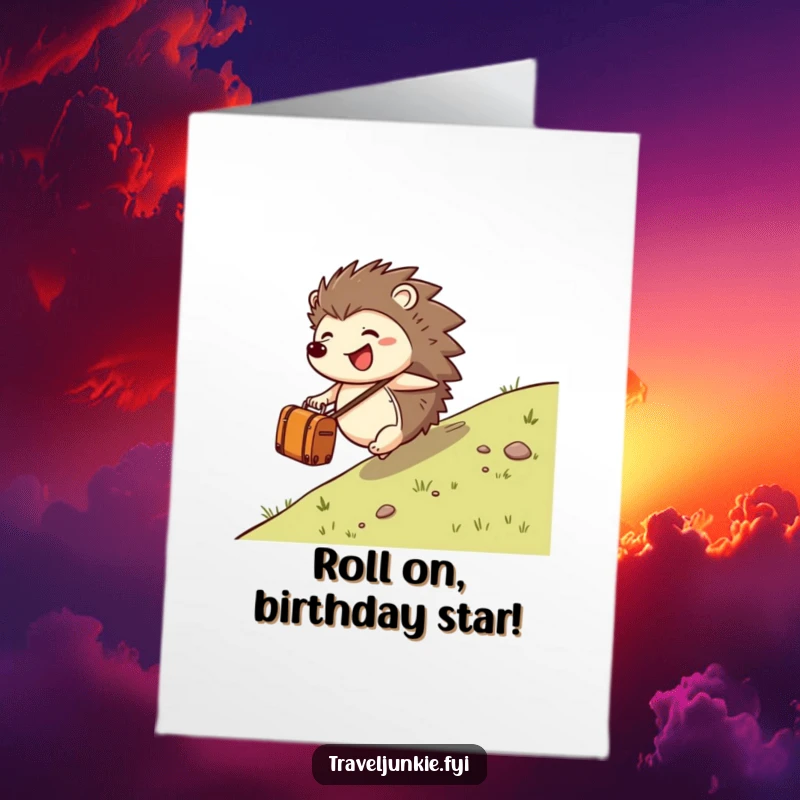 Funny Free Printable Birthday Card: A happy hedgehog rolls down a grassy hill with a small suitcase, embodying joy and travel. A cute downloadable card.