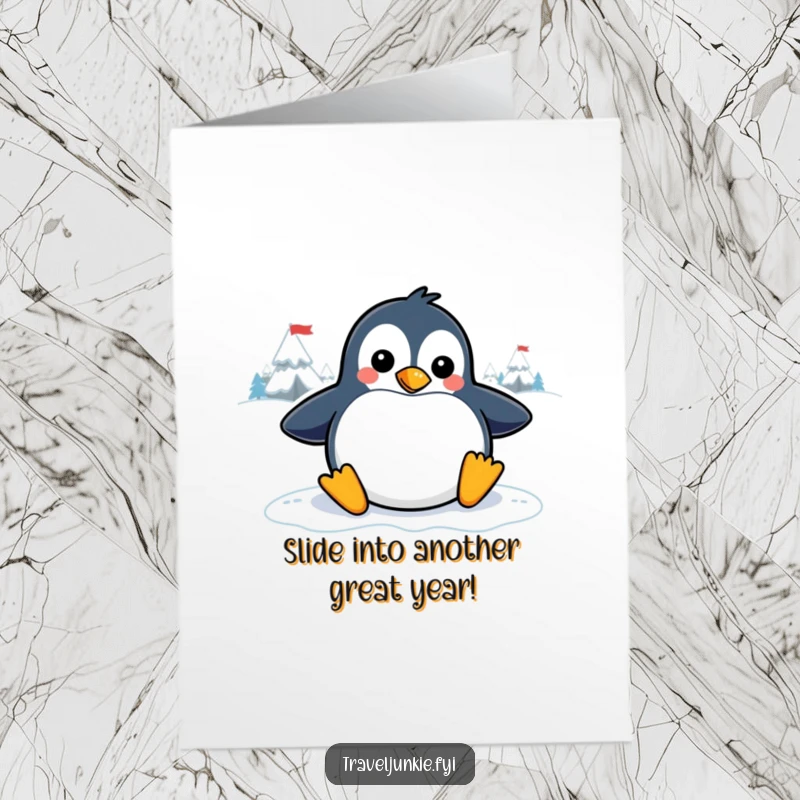 Funny Free Printable Birthday Card: Playful penguin joyfully sliding down an icy slope with a smile.