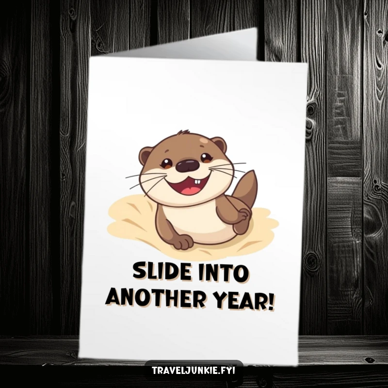 Funny Free Printable Birthday Card featuring a cute otter sliding gleefully down a sandy dune with a huge grin.
