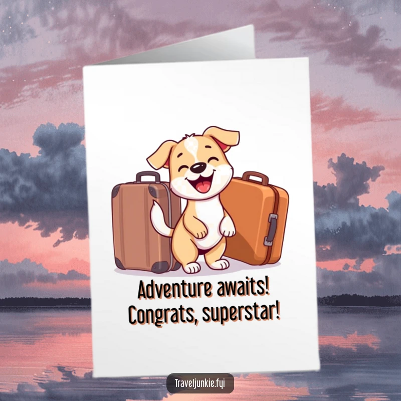 Funny Free Printable Congratulations Card: An excited dog with a wagging tail stands by a suitcase, celebrating achievements and new journeys.