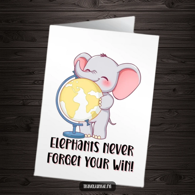 Funny Free Printable Elephant Congratulations Card, a cheerful elephant beside a world globe, celebrating big news, perfect for a downloadable greeting.