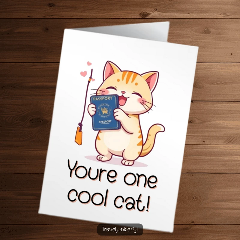 Funny Free Printable Congratulations Card: Cat with passport batting at a tag, a whimsical downloadable congratulations.