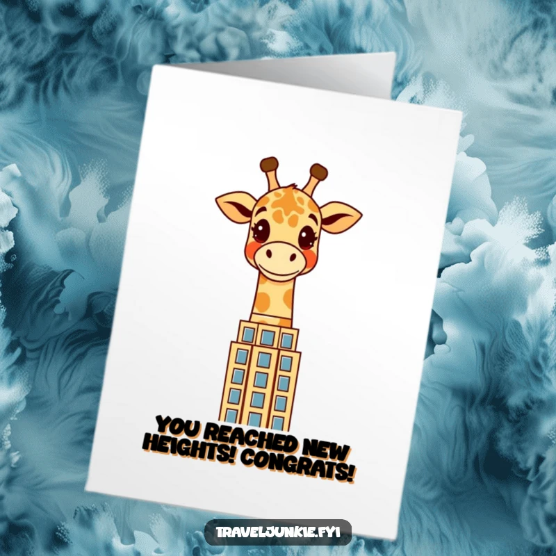 Funny Free Printable Congrats Card: Giraffe's head and neck extending high above a stylized city skyscraper.