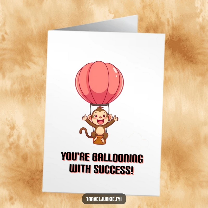 Funny Free Printable Congratulations Card: Ecstatic monkey celebrating achievement by bouncing in a hot air balloon, pure delight.