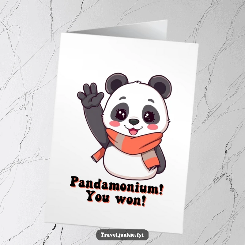 Funny free printable congratulations card: a cheerful panda wearing a travel scarf waves hello welcomingly.