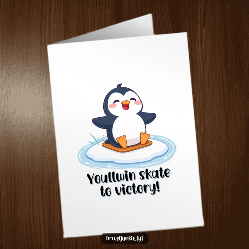 Funny Free Printable Congratulations Card: Joyful penguin sliding fast on a frozen lake, expressing pure excitement and success.