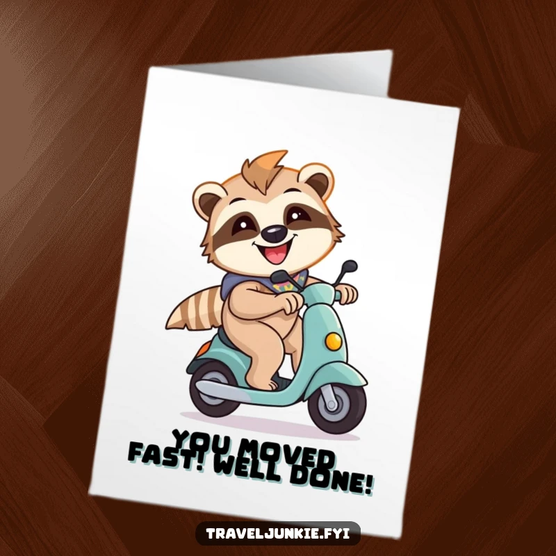 Funny Free Printable Congratulations Card: An energetic sloth races on a scooter to deliver congratulations, showcasing speed and celebration. A fun downloadable card.
