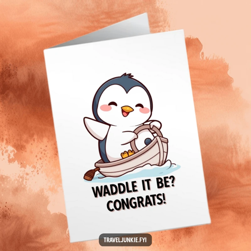 Funny Free Printable Congratulations Card: Happy cartoon penguin comically attempting to steer a tiny boat, celebrating success.