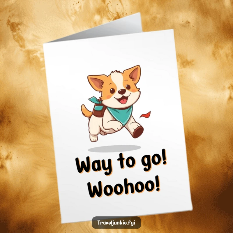 Funny Free Printable congratulations card of an energetic dog running with a bandana and a small backpack, celebrating success.