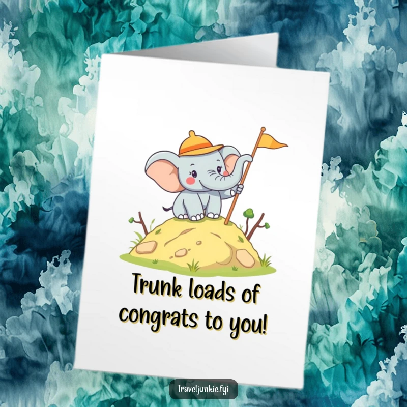 Funny Free Printable Congratulations Card: Joyful elephant explorer planting a flag. A triumphant and downloadable greeting.