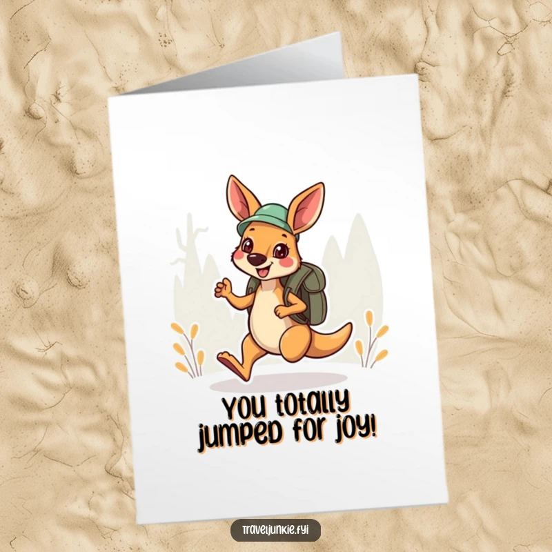 Funny free printable congratulations card showing a happy kangaroo explorer hopping with a backpack, ready to celebrate.