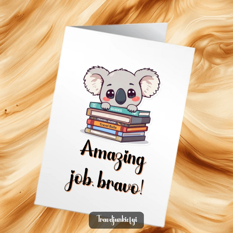 Funny Free Printable Koala Congratulations Card: Curious koala peeking from travel guides, celebrating new achievements and journeys.