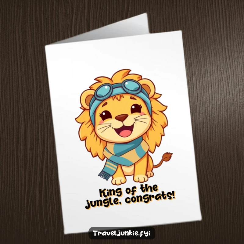 Funny Free Printable Congratulations Card showing a happy lion in a travel scarf, smiling broadly to celebrate a successful journey.
