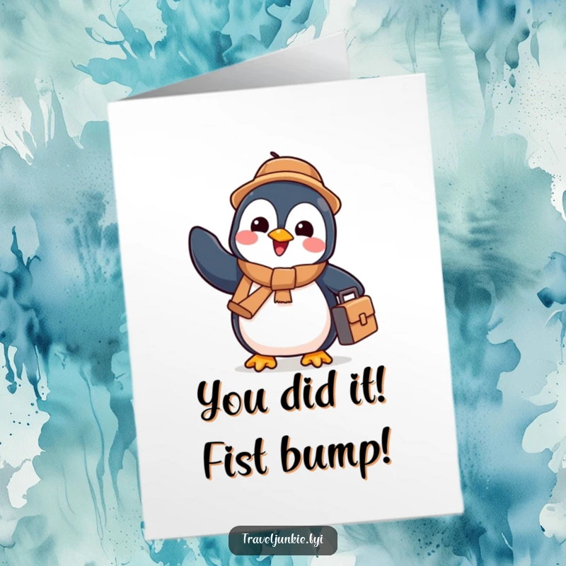 Funny Free Printable congratulations card of a happy penguin with a tiny suitcase waving goodbye enthusiastically, celebrating achievements.