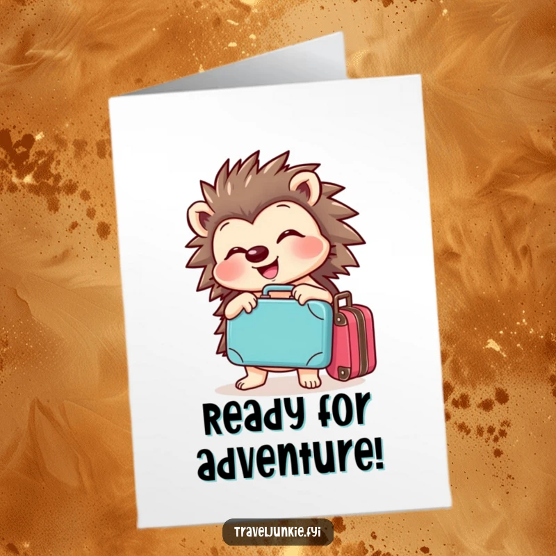 Funny Free Printable Congratulations Card: Cheerful hedgehog joyfully posing with a tiny suitcase, celebrating new beginnings and journeys.