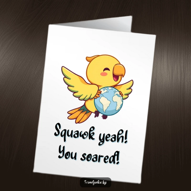Funny Free Printable Congratulations Card: Joyful parrot flying with a miniature globe, celebrating new horizons.