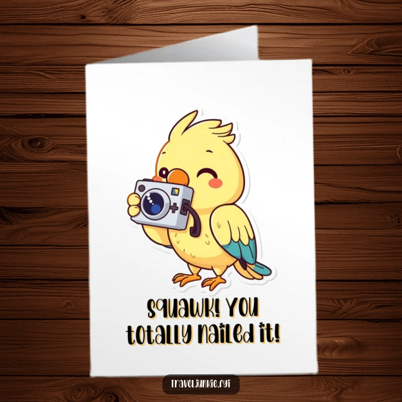 Funny Free Printable Congratulations Card with a cheerful parrot using a tiny camera to capture a special moment.
