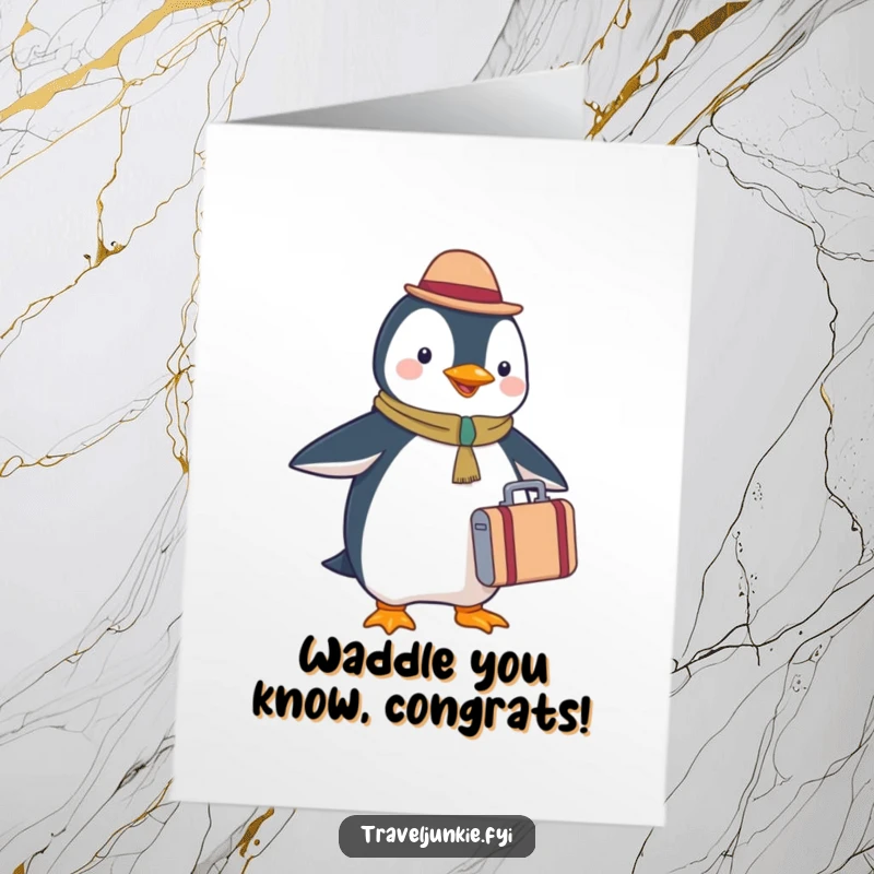 Funny Free Printable congratulations card showing a happy penguin tourist with a suitcase, celebrating a new journey, downloadable gift.