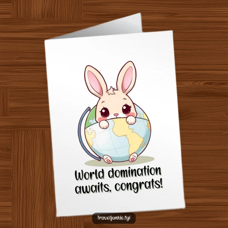 Funny Free Printable Congratulations Card showing a rabbit's head poking out from behind a world globe, expressing surprise and joy.