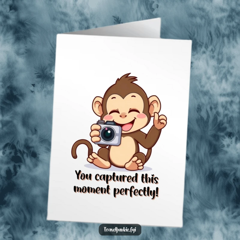 Funny Free Printable Monkey Congratulations Card, a giggling monkey poses for a selfie with a camera, capturing joyful moments, downloadable.