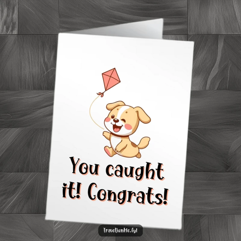 Funny Free Printable Congrats Card: A gleeful dog joyfully pursues a kite against a vibrant sky, symbolizing success and celebration.