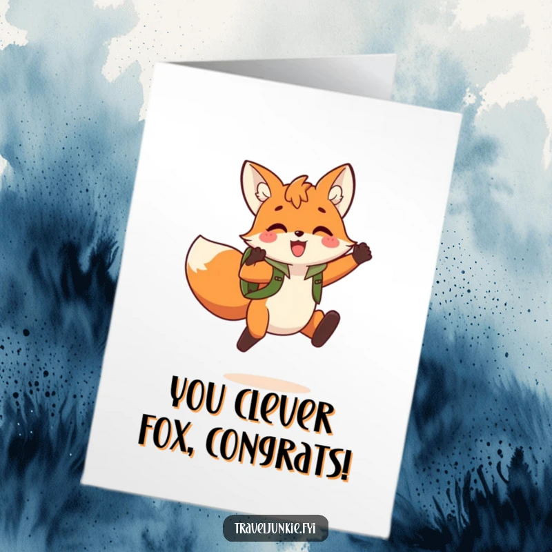 Funny Free Printable Congratulations Card featuring a lively fox with a backpack, jumping victoriously to celebrate a big achievement.