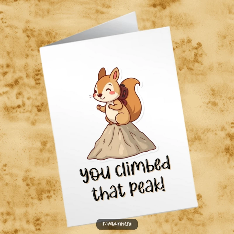 Funny Free Printable Congratulations Card: Adventurous squirrel hiking a mountain, a victorious downloadable congratulations.