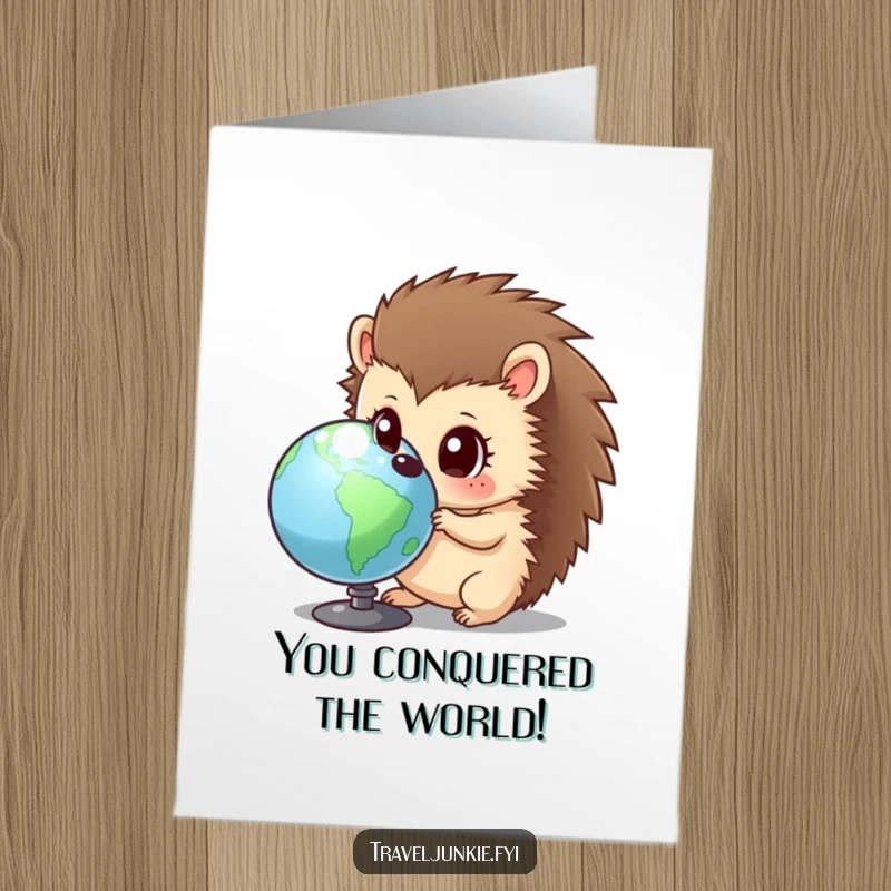 Funny Free Printable Congratulations Card: Curious hedgehog studying a globe with wide eyes, symbolizing discovery and achievement.