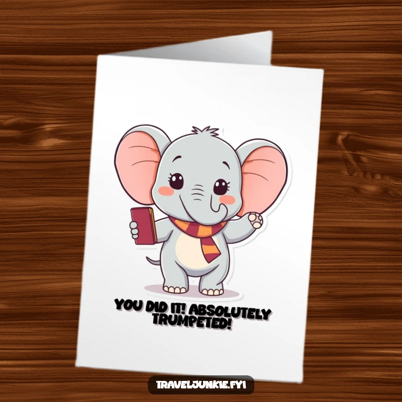 Funny Free Printable Congratulations Card: Excited elephant with passport, waving goodbye, celebrating new beginnings.