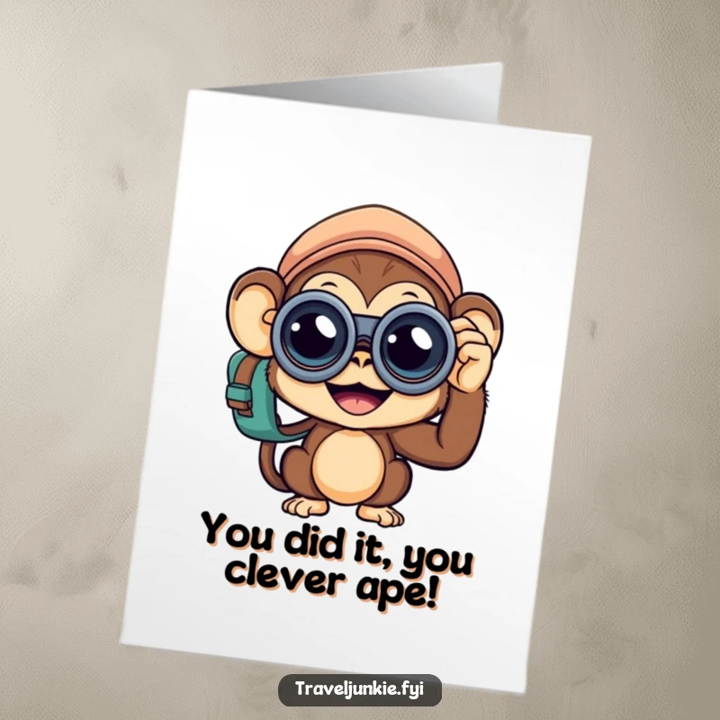 Funny Free Printable Congratulations Card: Curious monkey traveler looking through binoculars at success. A humorous downloadable greeting.