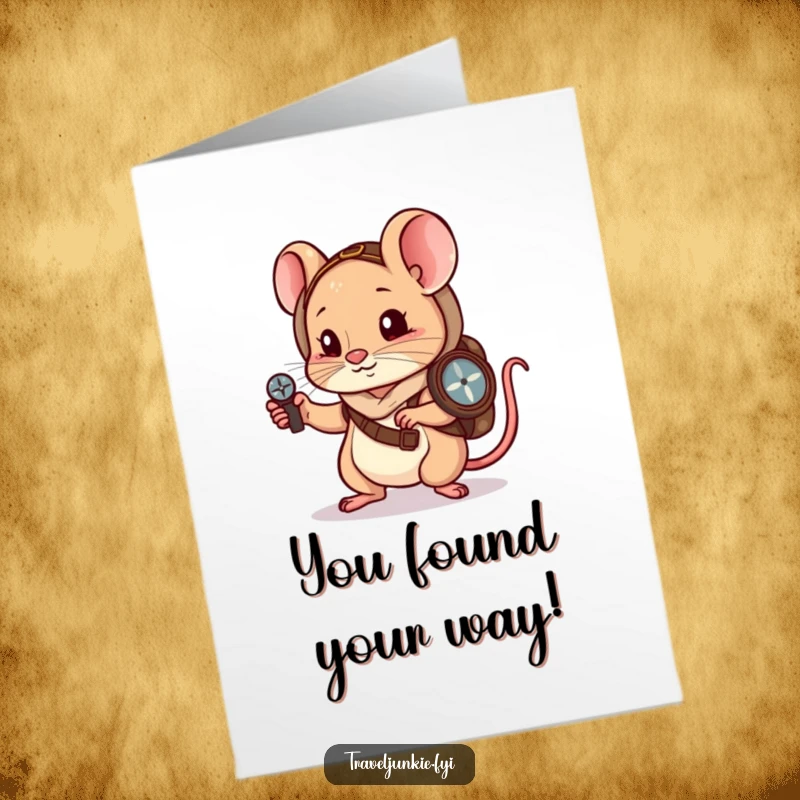 Funny free printable congratulations card showing a little mouse wanderer using a compass to find success.