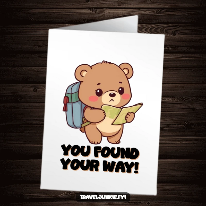 Funny Free Printable Congratulations Card: Bear with backpack and map celebrating reaching a destination or goal.