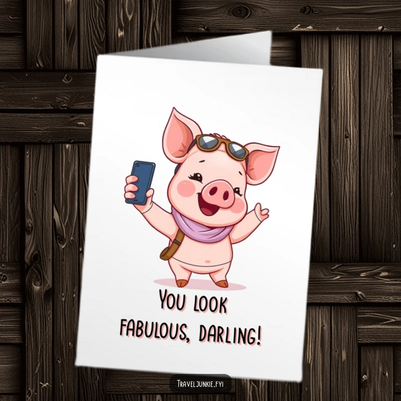 Funny free printable congratulations card showing a giggling piglet tourist posing for a selfie, celebrating.